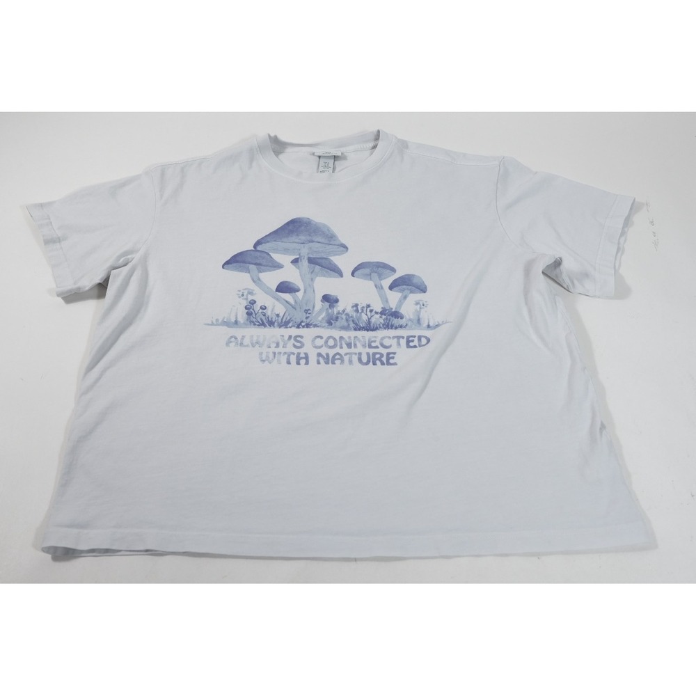 H&M T-Shirt Women XL White Mushroom Nature Graphic Relaxed Fit Cotton Tee